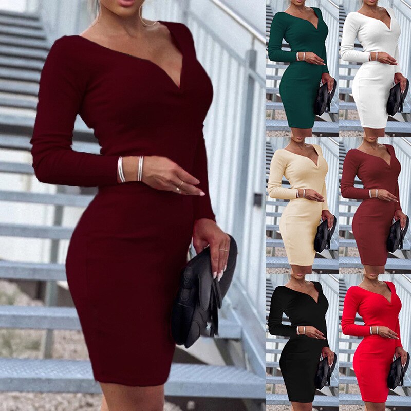 Slim Long Sleeve V Neck Dress