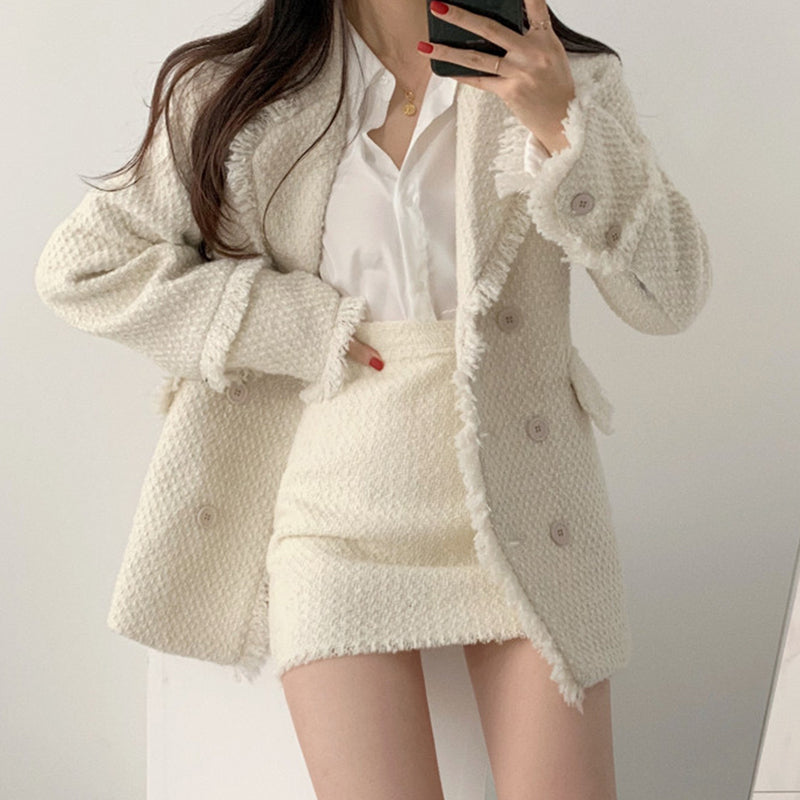 Temperament Lapel Double-Breasted Thick Jacket High Waist Skirt