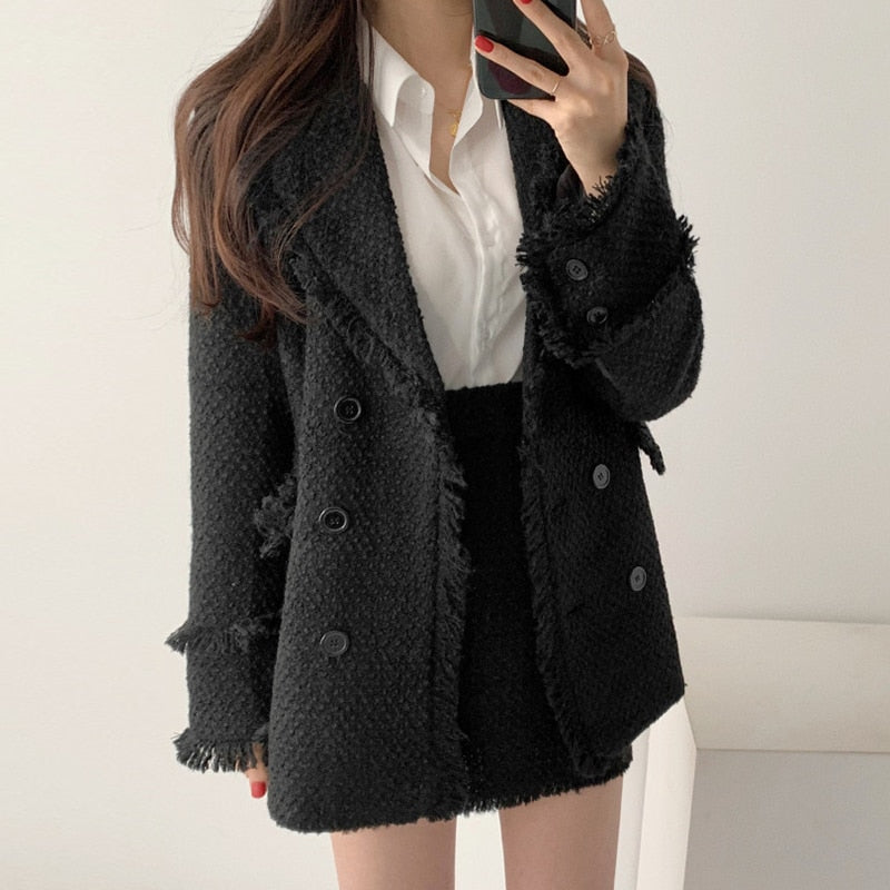 Temperament Lapel Double-Breasted Thick Jacket High Waist Skirt