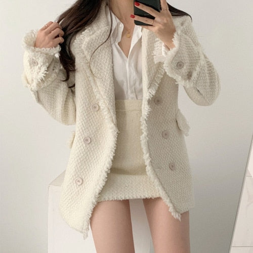 Temperament Lapel Double-Breasted Thick Jacket High Waist Skirt