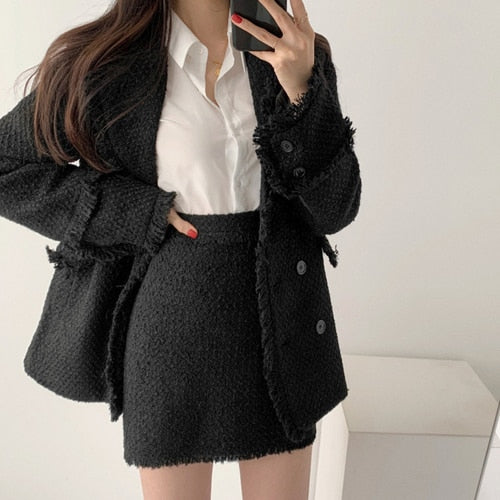 Temperament Lapel Double-Breasted Thick Jacket High Waist Skirt