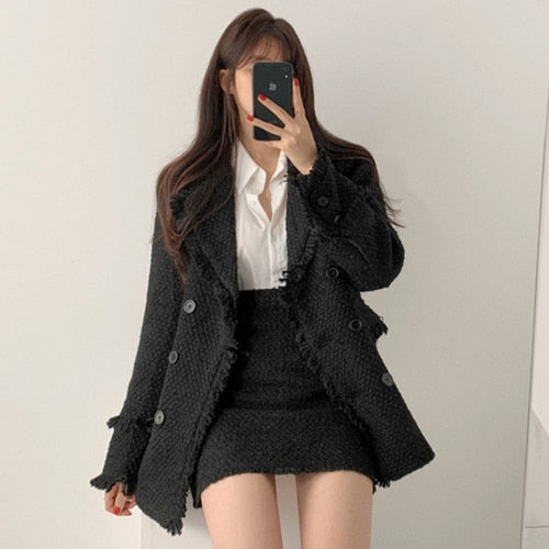 Temperament Lapel Double-Breasted Thick Jacket High Waist Skirt